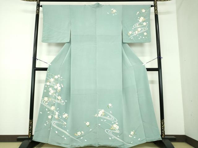 平和屋着物●訪問着　駒刺繍　流水枝垂れ桜　鬼しぼ縮緬　金彩　正絹　逸品　DABD1419ps