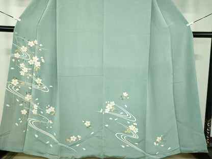 平和屋着物●訪問着　駒刺繍　流水枝垂れ桜　鬼しぼ縮緬　金彩　正絹　逸品　DABD1419ps