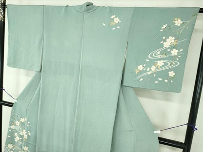 平和屋着物●訪問着　駒刺繍　流水枝垂れ桜　鬼しぼ縮緬　金彩　正絹　逸品　DABD1419ps