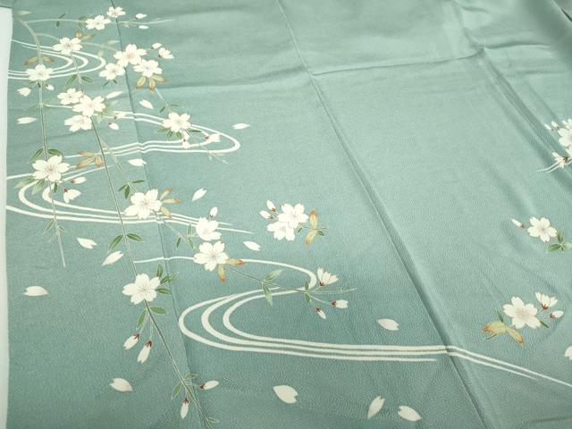 平和屋着物●訪問着　駒刺繍　流水枝垂れ桜　鬼しぼ縮緬　金彩　正絹　逸品　DABD1419ps