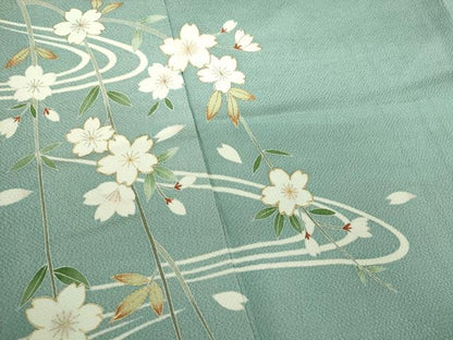 平和屋着物●訪問着　駒刺繍　流水枝垂れ桜　鬼しぼ縮緬　金彩　正絹　逸品　DABD1419ps
