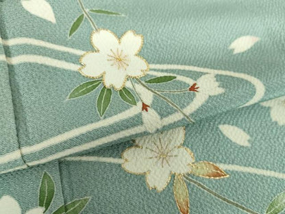 平和屋着物●訪問着　駒刺繍　流水枝垂れ桜　鬼しぼ縮緬　金彩　正絹　逸品　DABD1419ps