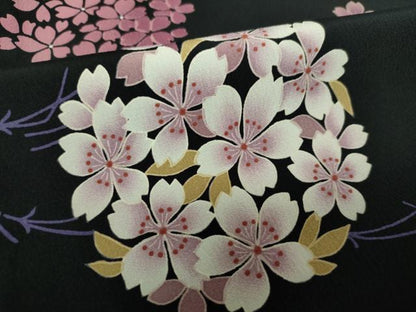 平和屋着物●小紋　桜丸文　溢れ松葉　黒地　洗える着物　DABD1422ps