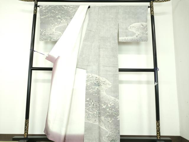 平和屋着物●染織の名門　しょうざん  生紬　訪問着　絞り　雲取り風景花文　正絹　逸品　DABD1427ps