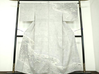 平和屋着物●染織の名門　しょうざん  生紬　訪問着　絞り　雲取り風景花文　正絹　逸品　DABD1427ps