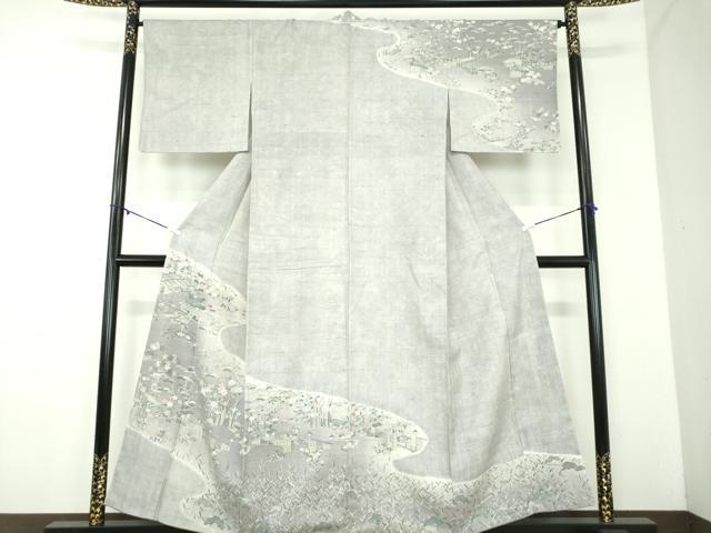 平和屋着物●染織の名門　しょうざん  生紬　訪問着　絞り　雲取り風景花文　正絹　逸品　DABD1427ps