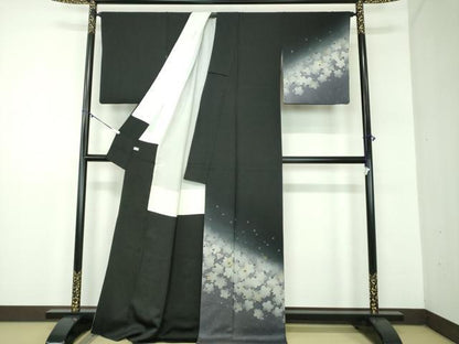 平和屋着物●ファッションデザイナー　HIROKO KOSHINO　コシノヒロコ　訪問着　夜桜　暈し染め　黒地　金彩　正絹　逸品　DABD1429ps