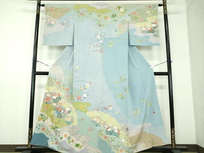 平和屋着物●訪問着　作家物　駒刺繍　雲取り花文　金彩　正絹　逸品　DABD1431ps