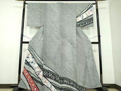 平和屋着物●中国三大刺繍　相良刺繍　訪問着　絞り　草花文　黒地　正絹　逸品　DABD1446ps
