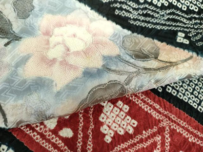 平和屋着物●中国三大刺繍　相良刺繍　訪問着　絞り　草花文　黒地　正絹　逸品　DABD1446ps