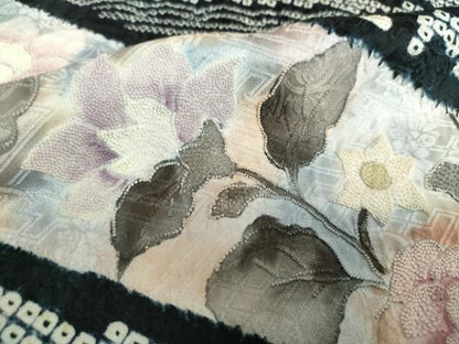 平和屋着物●中国三大刺繍　相良刺繍　訪問着　絞り　草花文　黒地　正絹　逸品　DABD1446ps