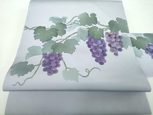 平和屋着物●塩瀬　九寸名古屋帯　手描き　葡萄蔦の葉文　金彩　正絹　逸品　DABD1449ps