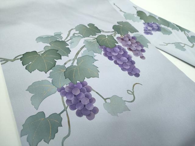 平和屋着物●塩瀬　九寸名古屋帯　手描き　葡萄蔦の葉文　金彩　正絹　逸品　DABD1449ps