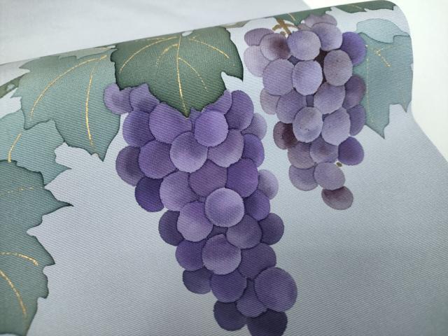 平和屋着物●塩瀬　九寸名古屋帯　手描き　葡萄蔦の葉文　金彩　正絹　逸品　DABD1449ps