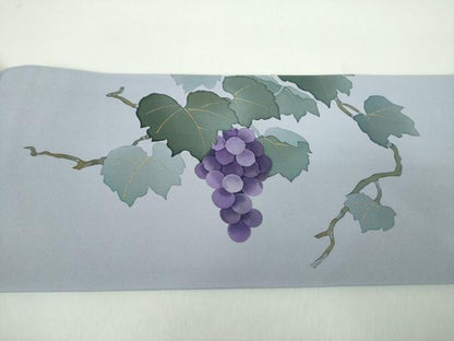 平和屋着物●塩瀬　九寸名古屋帯　手描き　葡萄蔦の葉文　金彩　正絹　逸品　DABD1449ps
