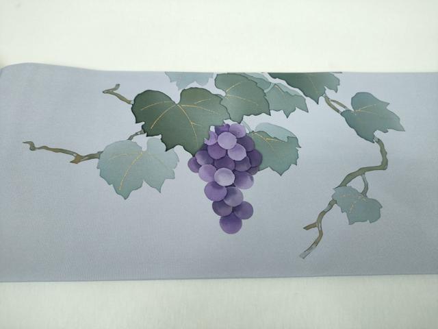 平和屋着物●塩瀬　九寸名古屋帯　手描き　葡萄蔦の葉文　金彩　正絹　逸品　DABD1449ps
