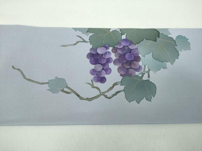 平和屋着物●塩瀬　九寸名古屋帯　手描き　葡萄蔦の葉文　金彩　正絹　逸品　DABD1449ps