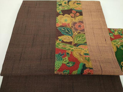 平和屋着物●中国三大刺繍　相良刺繍　九寸名古屋帯　紬地　切嵌　草花文　正絹　逸品　DABD1465ps