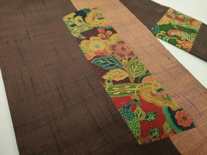 平和屋着物●中国三大刺繍　相良刺繍　九寸名古屋帯　紬地　切嵌　草花文　正絹　逸品　DABD1465ps
