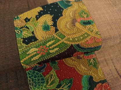 平和屋着物●中国三大刺繍　相良刺繍　九寸名古屋帯　紬地　切嵌　草花文　正絹　逸品　DABD1465ps