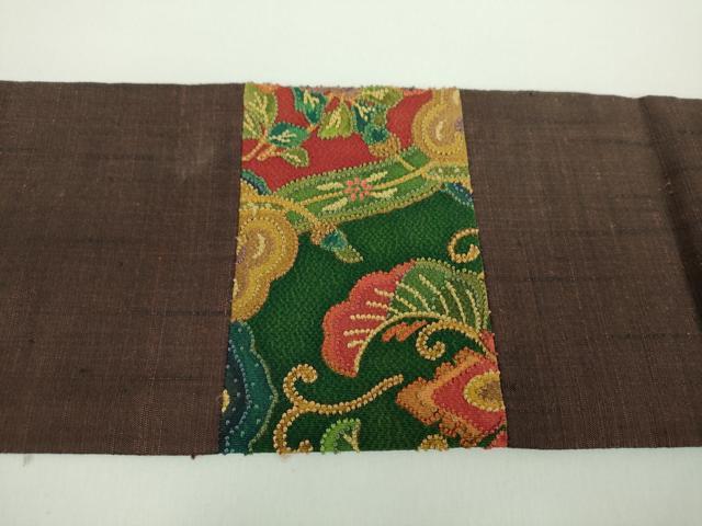 平和屋着物●中国三大刺繍　相良刺繍　九寸名古屋帯　紬地　切嵌　草花文　正絹　逸品　DABD1465ps