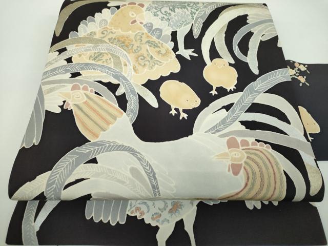 平和屋着物●塩瀬　九寸名古屋帯　尾長鶏　ひよこ　黒地　金銀彩　逸品　DABD1473ps
