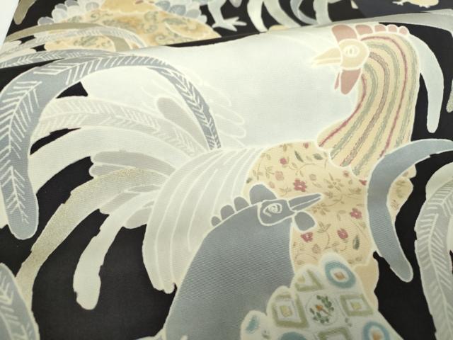 平和屋着物●塩瀬　九寸名古屋帯　尾長鶏　ひよこ　黒地　金銀彩　逸品　DABD1473ps