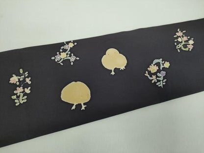 平和屋着物●塩瀬　九寸名古屋帯　尾長鶏　ひよこ　黒地　金銀彩　逸品　DABD1473ps