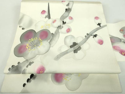 平和屋着物●塩瀬　九寸名古屋帯　手描き　槍梅　正絹　逸品　DABD1475ps