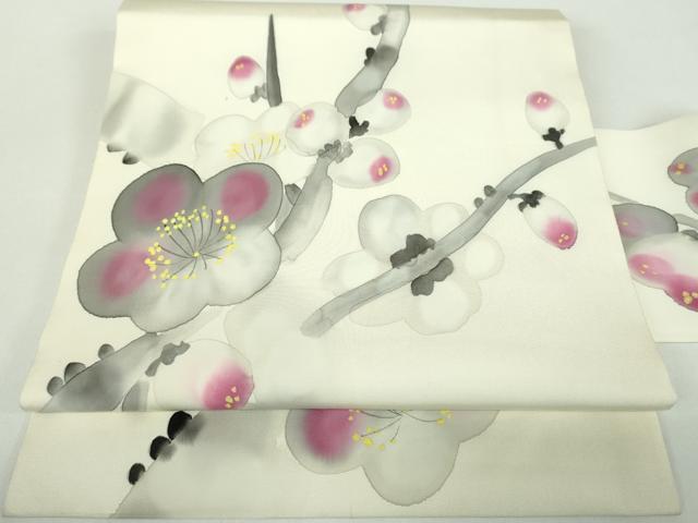 平和屋着物●塩瀬　九寸名古屋帯　手描き　槍梅　正絹　逸品　DABD1475ps