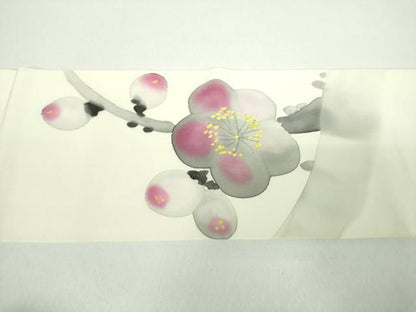 平和屋着物●塩瀬　九寸名古屋帯　手描き　槍梅　正絹　逸品　DABD1475ps