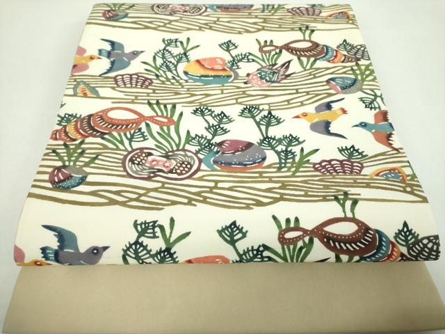 平和屋着物●本場琉球紅型　塩瀬　九寸開き名古屋帯　飛鳥文　貝殻　正絹　逸品　DABD1479ps