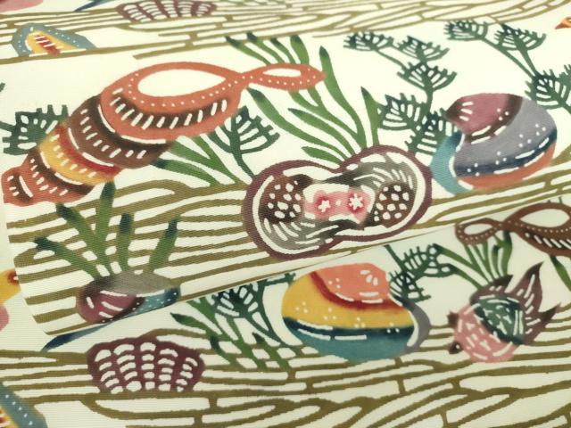 平和屋着物●本場琉球紅型　塩瀬　九寸開き名古屋帯　飛鳥文　貝殻　正絹　逸品　DABD1479ps