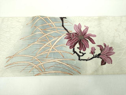 平和屋着物●九寸名古屋帯　作家物　枝花文　銀彩　正絹　逸品　DABD1480ps