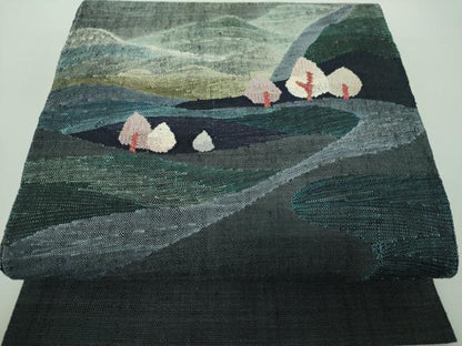 平和屋着物●八寸名古屋帯　紬地　遠山風景　正絹　逸品　DABD1482ps