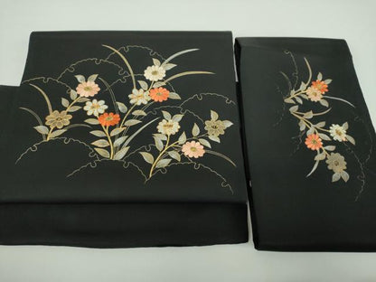 平和屋着物●中国三大刺繍　相良刺繍　塩瀬　つけ帯　駒刺繍　雪輪花文　黒地　金彩　正絹　逸品　DABD1511ps
