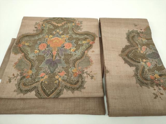 平和屋着物●中国三大刺繍　スワトウ相良刺繍　汕頭相良刺繍　総刺繍　つけ帯　紬地　更紗花文　正絹　逸品　DABD1513ps