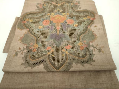 平和屋着物●中国三大刺繍　スワトウ相良刺繍　汕頭相良刺繍　総刺繍　つけ帯　紬地　更紗花文　正絹　逸品　DABD1513ps