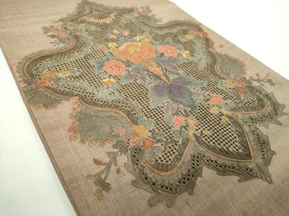 平和屋着物●中国三大刺繍　スワトウ相良刺繍　汕頭相良刺繍　総刺繍　つけ帯　紬地　更紗花文　正絹　逸品　DABD1513ps