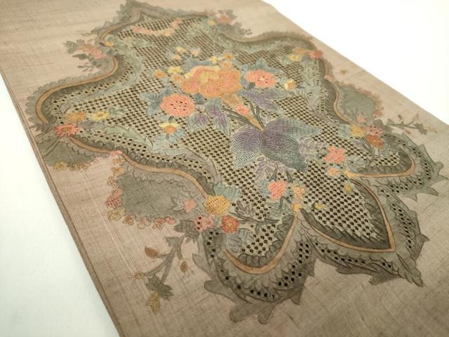 平和屋着物●中国三大刺繍　スワトウ相良刺繍　汕頭相良刺繍　総刺繍　つけ帯　紬地　更紗花文　正絹　逸品　DABD1513ps