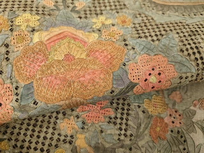 平和屋着物●中国三大刺繍　スワトウ相良刺繍　汕頭相良刺繍　総刺繍　つけ帯　紬地　更紗花文　正絹　逸品　DABD1513ps