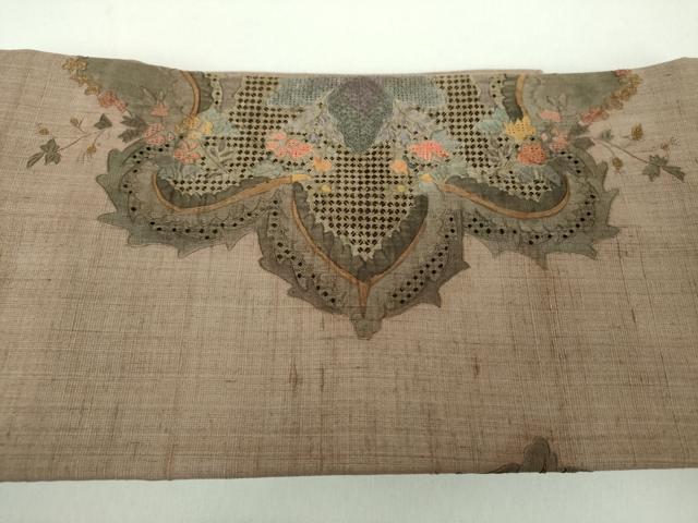 平和屋着物●中国三大刺繍　スワトウ相良刺繍　汕頭相良刺繍　総刺繍　つけ帯　紬地　更紗花文　正絹　逸品　DABD1513ps
