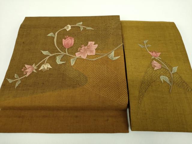 平和屋着物●中国三大刺繍　スワトウ相良刺繍　汕頭相良刺繍　総刺繍　つけ帯　紬地　枝花文　正絹　逸品　未使用　DABD1514ps
