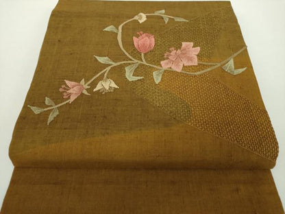 平和屋着物●中国三大刺繍　スワトウ相良刺繍　汕頭相良刺繍　総刺繍　つけ帯　紬地　枝花文　正絹　逸品　未使用　DABD1514ps