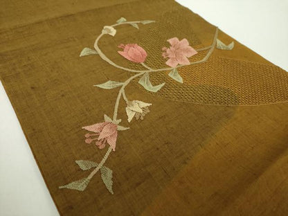 平和屋着物●中国三大刺繍　スワトウ相良刺繍　汕頭相良刺繍　総刺繍　つけ帯　紬地　枝花文　正絹　逸品　未使用　DABD1514ps