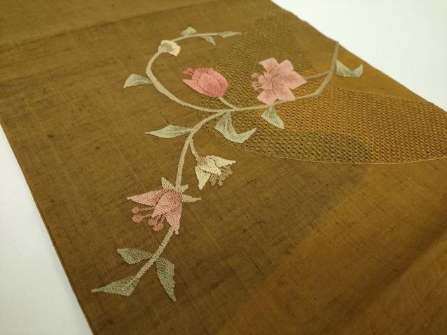 平和屋着物●中国三大刺繍　スワトウ相良刺繍　汕頭相良刺繍　総刺繍　つけ帯　紬地　枝花文　正絹　逸品　未使用　DABD1514ps