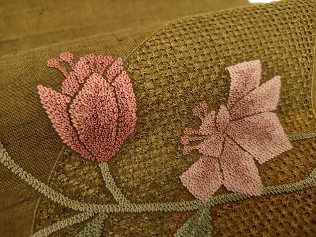 平和屋着物●中国三大刺繍　スワトウ相良刺繍　汕頭相良刺繍　総刺繍　つけ帯　紬地　枝花文　正絹　逸品　未使用　DABD1514ps