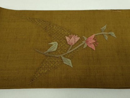 平和屋着物●中国三大刺繍　スワトウ相良刺繍　汕頭相良刺繍　総刺繍　つけ帯　紬地　枝花文　正絹　逸品　未使用　DABD1514ps