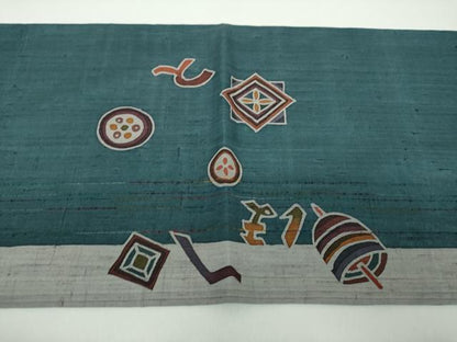 平和屋着物●太鼓柄袋帯　紬地　作家物　型染　いろは歌　独楽　正絹　逸品　DABD1523ps