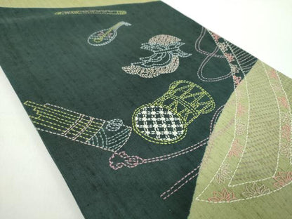 平和屋着物●袋帯　紬地　刺し子　総刺繍　楽器文　正絹　逸品　DABD1529ps